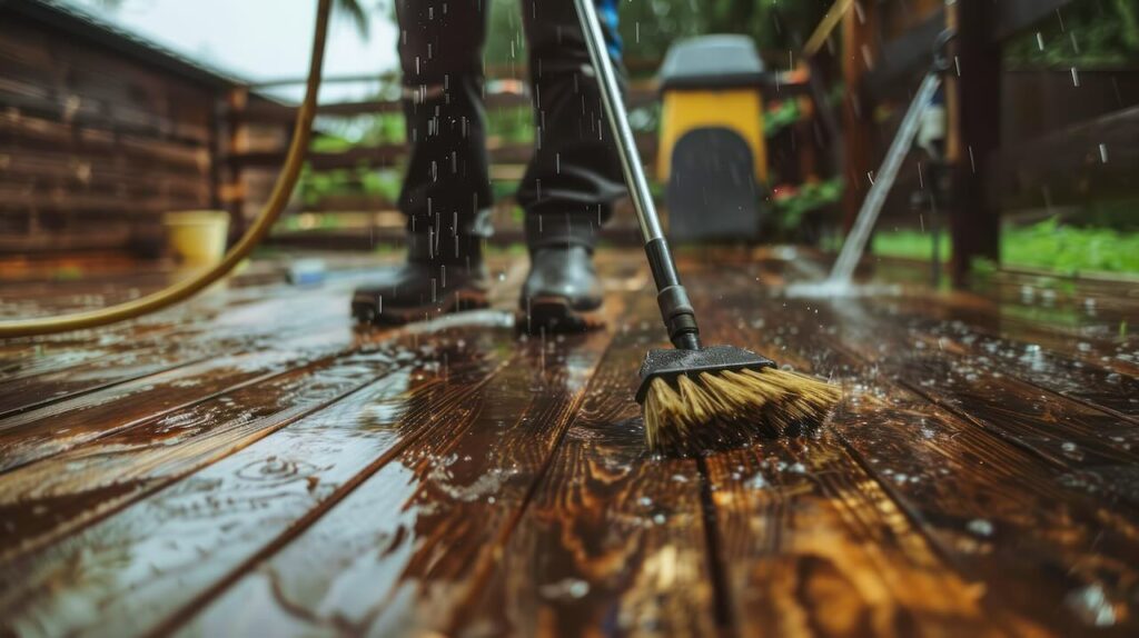 Cleaning Wooden Deck with a Brush and Water