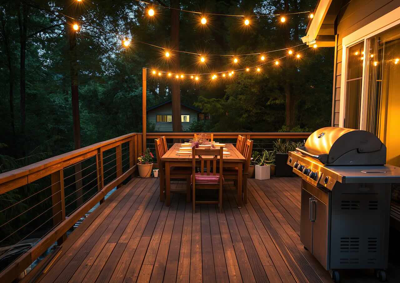 Barbecue grill on a wooden deck with protective mat to prevent heat and grease damage.